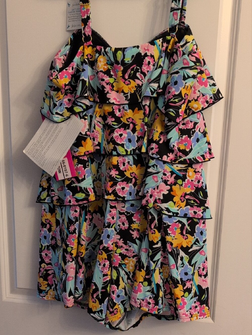 Fit 4 U Floral Tiered Swim Romper - Black with Yellow, Pink & Blue Flowers - Picture 3 of 4